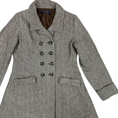 Vintage Wool Long Duster Coat Herringbone Brown Cream 8 10