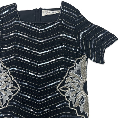 Vintage 80s Boxy Sequin Blouse Black Silver 12 14 16