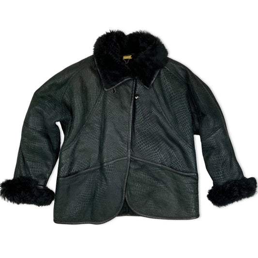 Vintage 80s Faux Crocodile Shearling Coat Dark Green Black 14 16 18