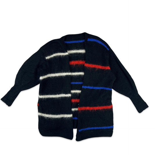 Vintage Mohair Cardigan Balloon Sleeve Black Red White Stripe 14 16 18