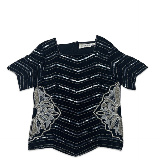 Vintage 80s Boxy Sequin Blouse Black Silver 12 14 16