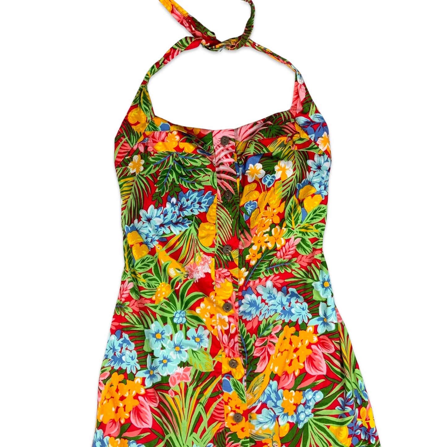 Vintage Red Orange Blue Yellow Green Floral Halter Neck Summer Dress 6 8