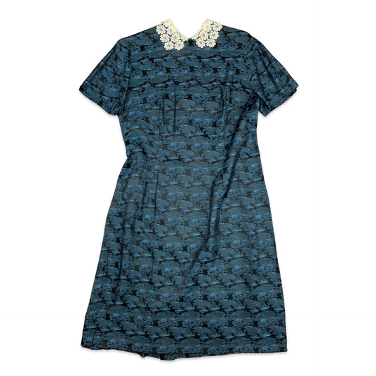 Vintage 60s Lace Collar Geo Printed Midi Shift Occasion Dress Blue Black White 10 12