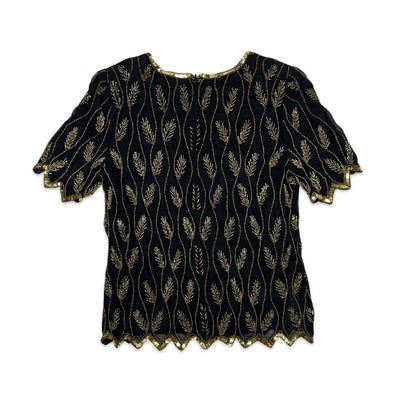 Vintage 80s Sequin Blouse Black Gold 8 10