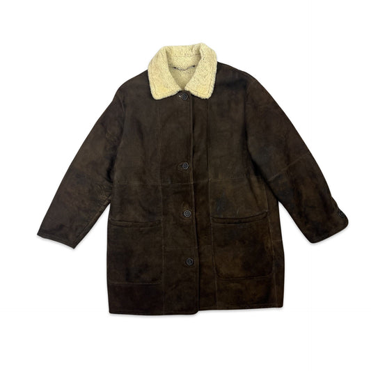 Vintage 90s Suede Shearling Coat Brown 14 16 18