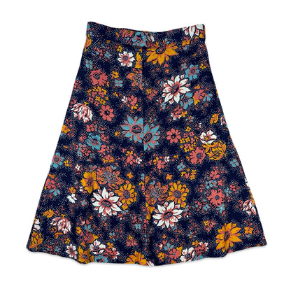 70s Vintage Blue Floral A-Line Midi Skirt 10