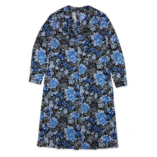 70s Vintage Blue Floral Long Sleeved Midi Occasion Dress 14