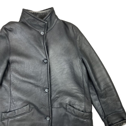 Vintage 90s Y2K Black Leather Shearling Coat 14 16 18