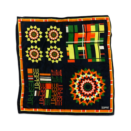 90s Vintage  Black Orange Green Esprit Abstract Silk Scarf