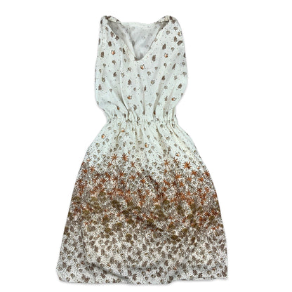 80s 90s Vintage White Orange Brown Floral Midi Dress 10 12