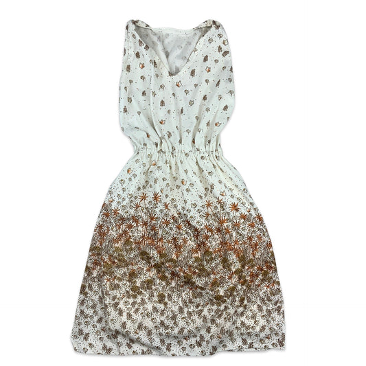 80s 90s Vintage White Orange Brown Floral Midi Dress 10 12