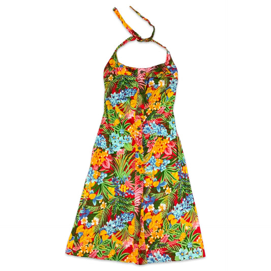 Vintage Red Orange Blue Yellow Green Floral Halter Neck Summer Dress 6 8