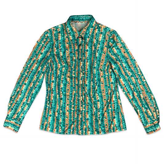 Vintage 80s Green & Orange Floral Patterned Blouse 8 10