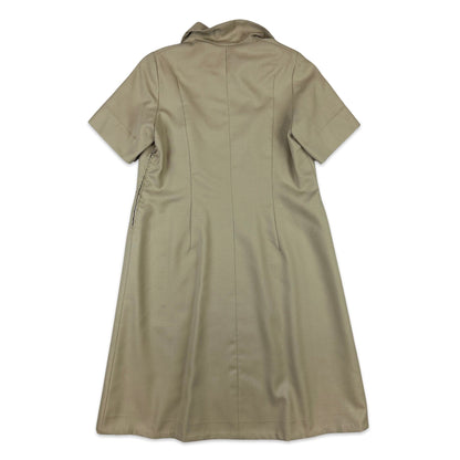 1970s Vintage Safari Beige Dagger Collar Midi Dress 14 16