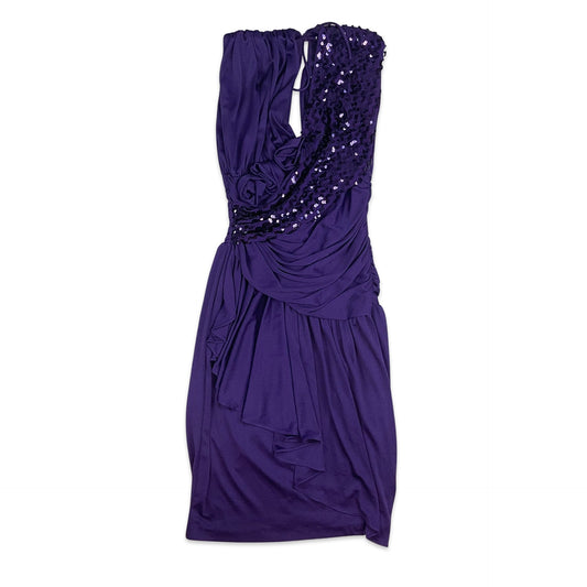 Vintage 80s 90s  Party Sequinned Asymmetric Midi Dress Purple 8 10