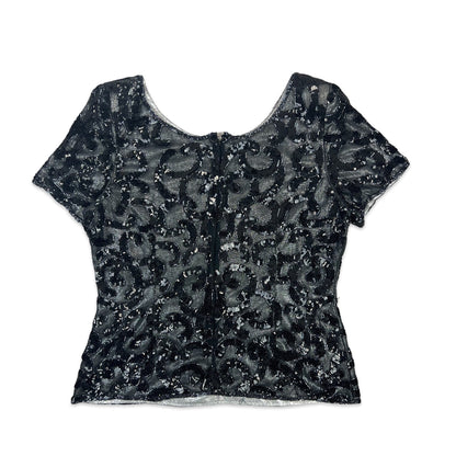 Vintage 80s Sequin Blouse Black Silver 10 12 14