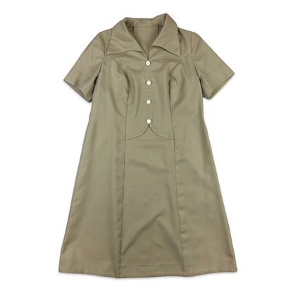 1970s Vintage Safari Beige Dagger Collar Midi Dress 14 16