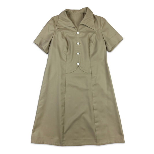 1970s Vintage Safari Beige Dagger Collar Midi Dress 14 16