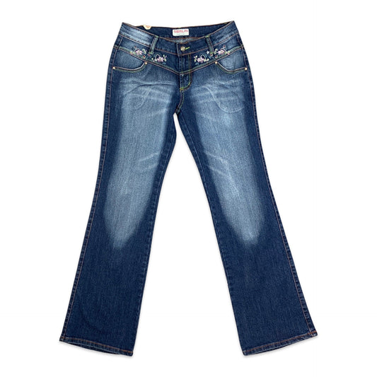 90s Y2K Dark Blue Denim Bootcut Jeans Flower Embroidery 10 12