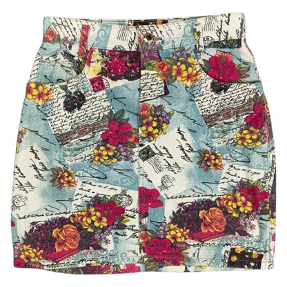 Vintage 90s Mac Floral Graphic Print Denim Mini Skirt 10