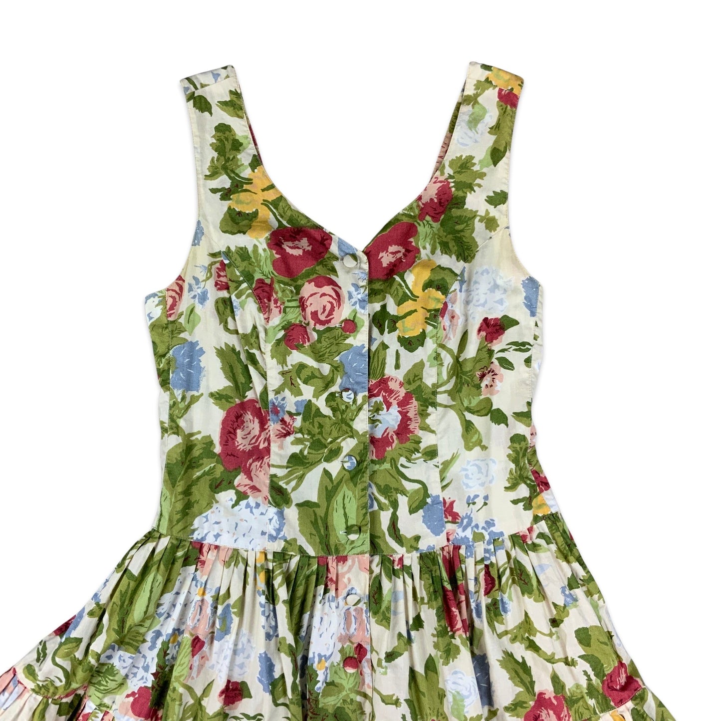 Vintage 80s White Green Red Yellow & Blue Floral Bouffant Dress 8 10