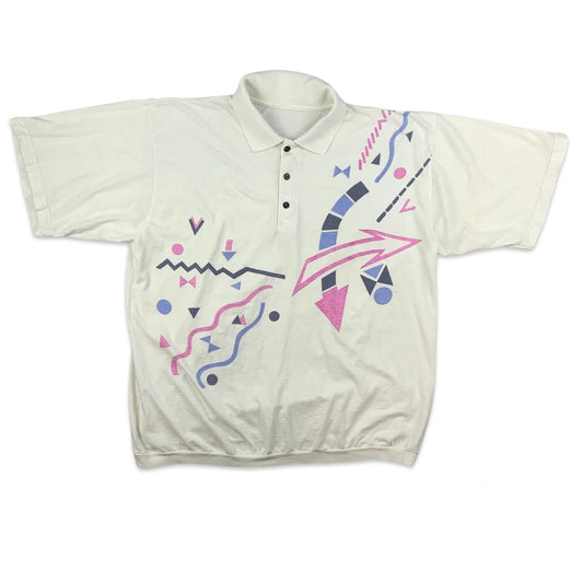 Vintage 90s White Abstract Print Polo Shirt M L