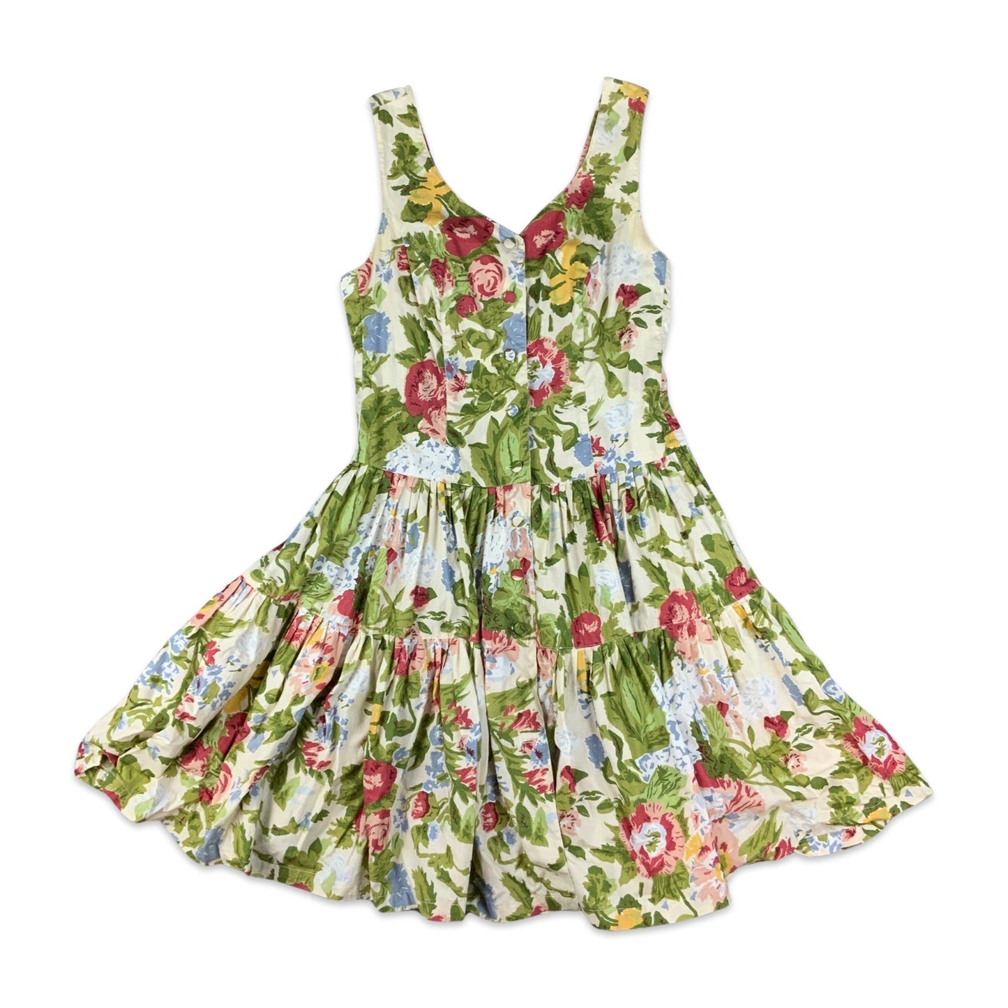 Vintage 80s White Green Red Yellow & Blue Floral Bouffant Dress 8 10