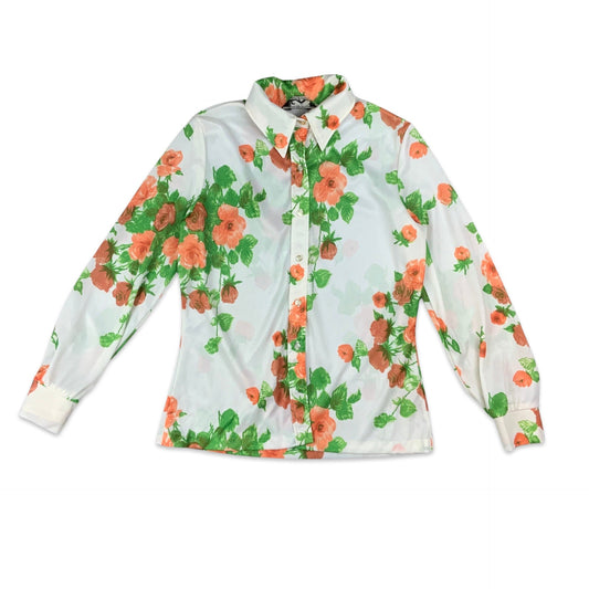 Vintage White Green & Peach Floral Blouse 10 12