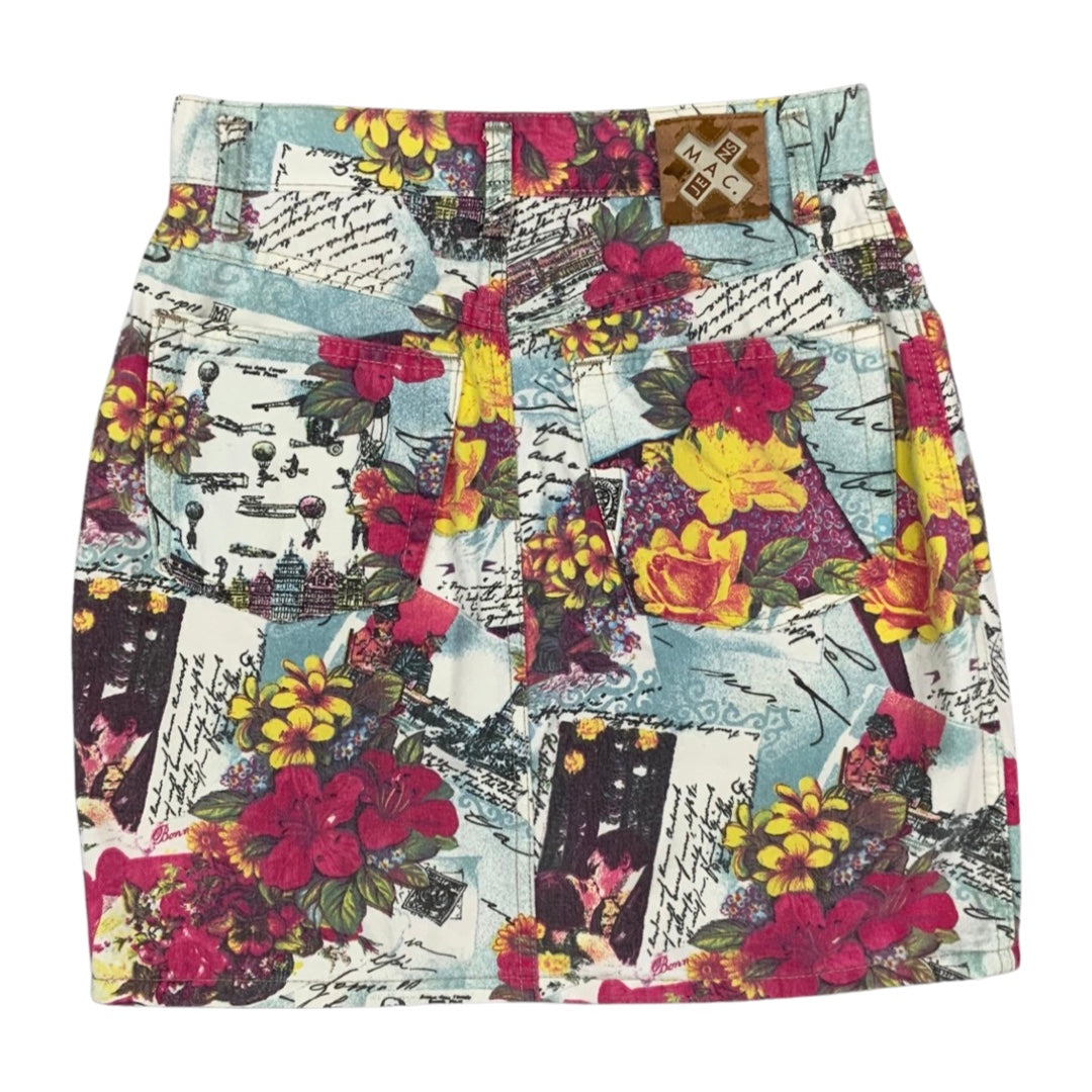 Vintage 90s Mac Floral Graphic Print Denim Mini Skirt 10