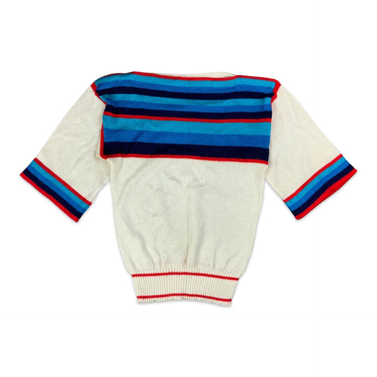 Vintage White Blue & Red Striped Short Sleeved Knitted Jumper 8 10