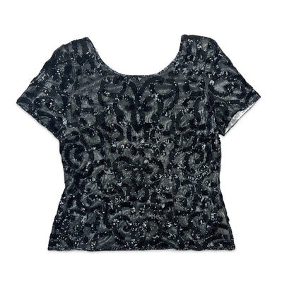 Vintage 80s Sequin Blouse Black Silver 10 12 14