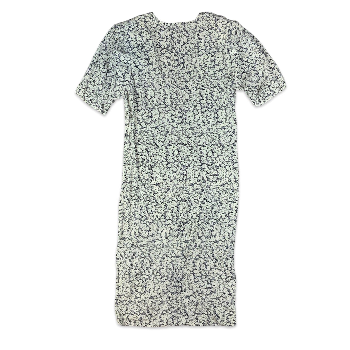 Vintage White & Navy Ditsy Floral Gathered Waist Dress 8 10