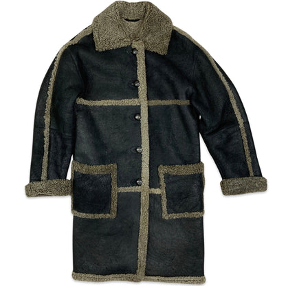 Vintage 90s Shearling Coat Black Brown Cream 12 14 16