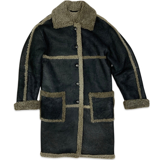 Vintage 90s Shearling Coat Black Brown Cream 12 14 16