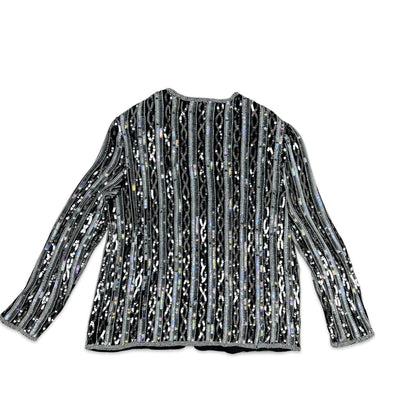 Vintage 80s Sequin Jacket Black Silver 12 14