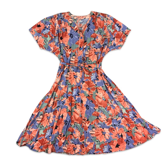 Vintage 80s Orange Purple & Pink Floral Dress 16 18