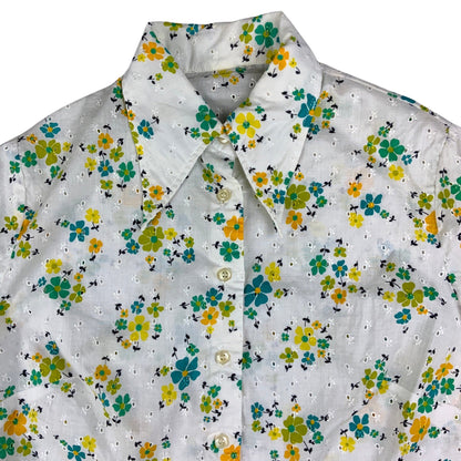 Vintage 70s White Green Orange Floral Print Broderie Anglaise Dagger Collar Blouse 10 12