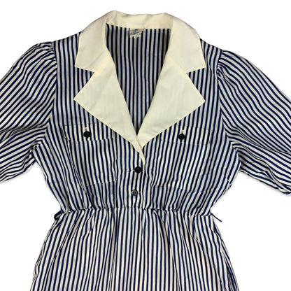 Vintage 80s Blue & White Striped Collared Midi Dress 10 12
