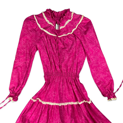 Vintage 80s Pink Floral Prairie Folk Boho Dress 8 10