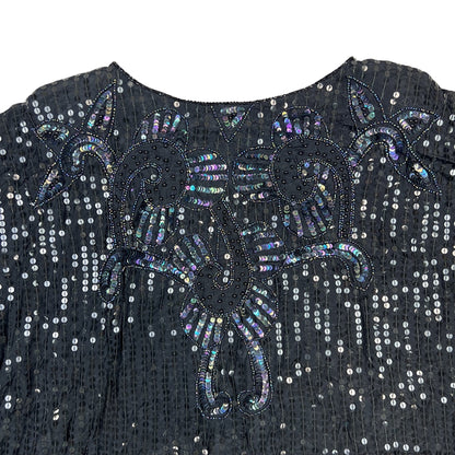 Vintage 80s Boxy Oversized Sequin Blouse Black 14 16