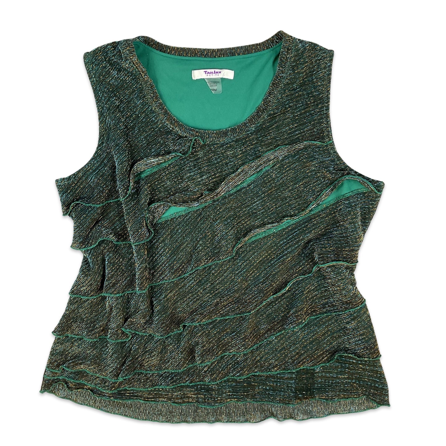 VTG Y2K Green Blue Gold Tiered Ruffle Sleeveless Cami Vest Top 12 14