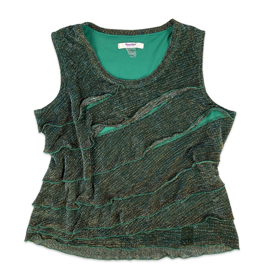 VTG Y2K Green Blue Gold Tiered Ruffle Sleeveless Cami Vest Top 12 14