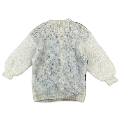 Vintage Mohair Knit Cardigan Patch Work Blue White 10 12 14