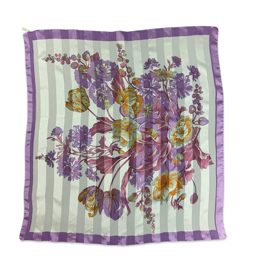 Vintage 70s Lilac White Orange Pink Green Floral Print Scarf