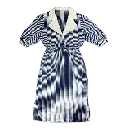 Vintage 80s Blue & White Striped Collared Midi Dress 10 12
