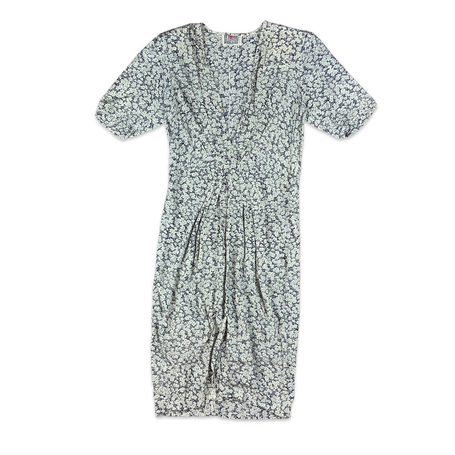 Vintage White & Navy Ditsy Floral Gathered Waist Dress 8 10