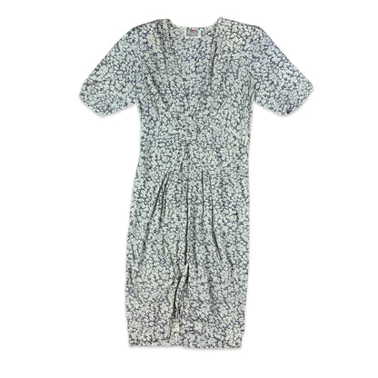 Vintage White & Navy Ditsy Floral Gathered Waist Dress 8 10
