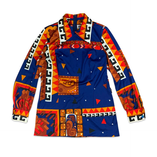 Vintage 70s Blue Orange White Geometric Pattern Tunic Top 8 10