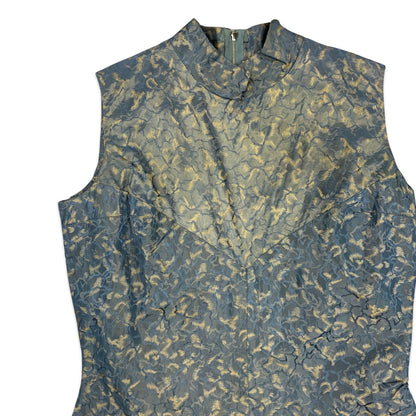 60s Vintage  Blue Gold Brocade Dress 10 12