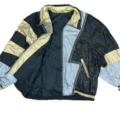 VTG 80s 90s 'GALLERY SPORT' GOLD BLACK BLUE COLOUR BLOCK SHELL JACKET 2XL